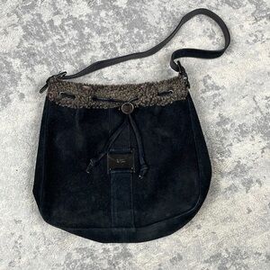 Stuart Weitzman Black Suede Drawstring Hobo Shoulder Bag Shearling Trim